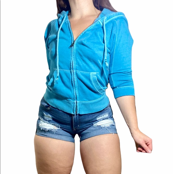 American Eagle Outfitters Blue Cotton Polyester Slightly Cropped Zip Sweatshirt - Picture 2 of 6